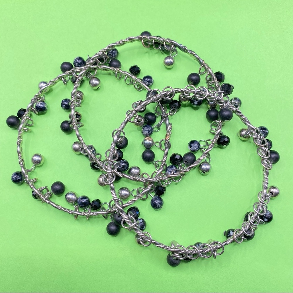 Set of Three Bangles Silver Tone & Black Bead Dangles